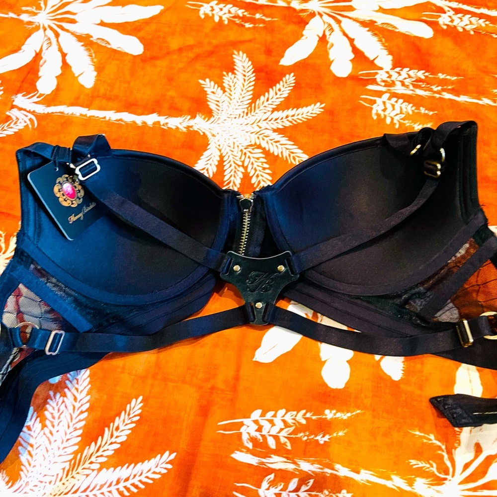 Honey Birdette black Vicki Vette bra 14E new with tags zip front/leather holster - Picture 8 of 12